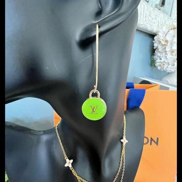 Louis Vuitton LV Gold & Lime Green Charms on Fish Hook Style Earrings (LVXX027) - Picture 2 of 6